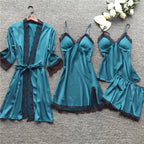 Women's Satin-Look Lace Lingerie Nightgown Set with Matching Robe, Sleeveless Mini Dress and Decorative Garter-Style Detail