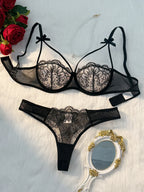 Midnight Sheer Embroidered Mesh Demi Bra and Strappy Thong Set