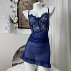 Deep Navy Corset-Style Sheer Mesh Chemise with Floral Lace Bodice