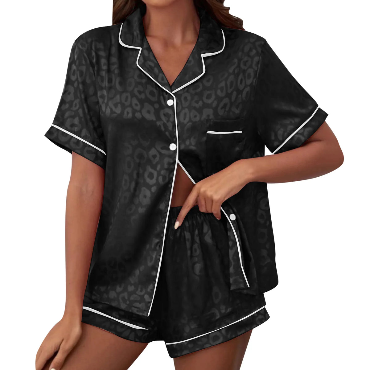 Sophisticated Subtle Leopard Print Button-Down Pajama Set with Contrast Piping