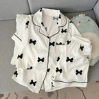 Women's Bow Print Button-Front Pajama Set, Sleeveless Lapel-Style Top and Matching Shorts, Soft Casual Summer Loungewear