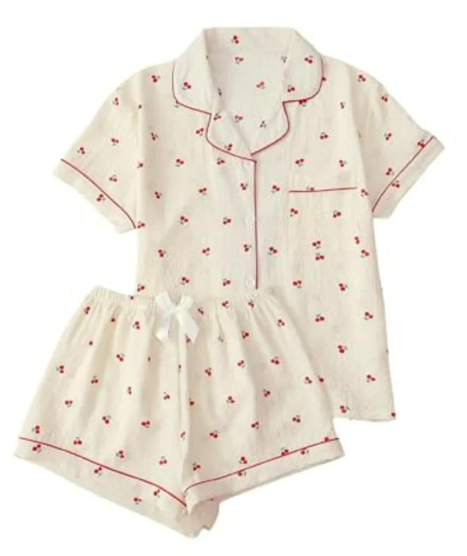 Women's Button Front Short Sleeve Pajama Set Relaxed Matching Lounge Sleepwear