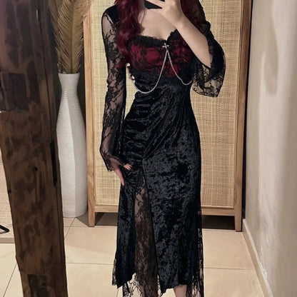 Elegant Gothic Lace Maxi Dress with Dark Alternative Evening Aesthetic