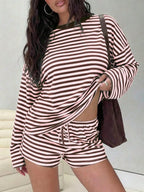 Striped Long Sleeve Top and Drawstring Shorts Casual Co-Ord Set