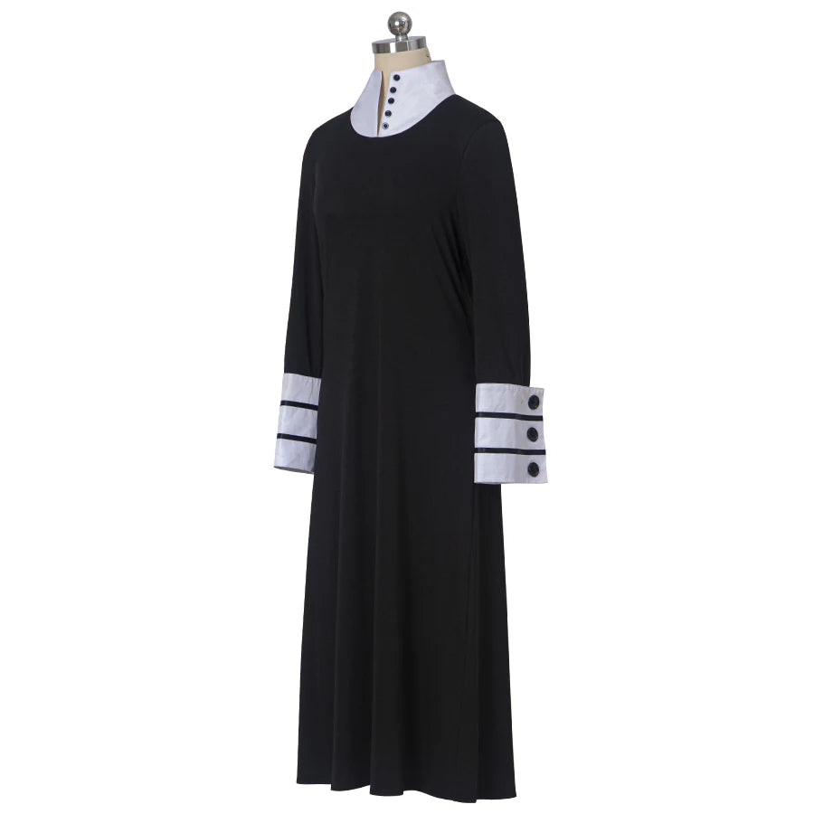 Sleek High-Collar Maxi Dress with Contrasting Striped Cuffs and Neckline