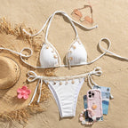 Earthy Olive Green Triangle String Bikini with Crochet and Shell Trim Details