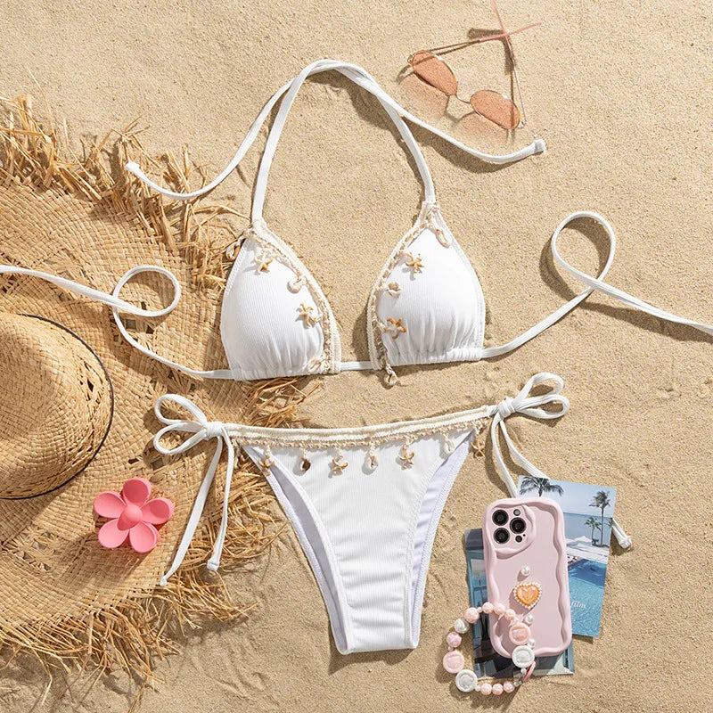 Earthy Olive Green Triangle String Bikini with Crochet and Shell Trim Details