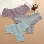 Three-Piece Ribbed Cotton-Blend Bikini Panty Set with Scalloped Lace Trim