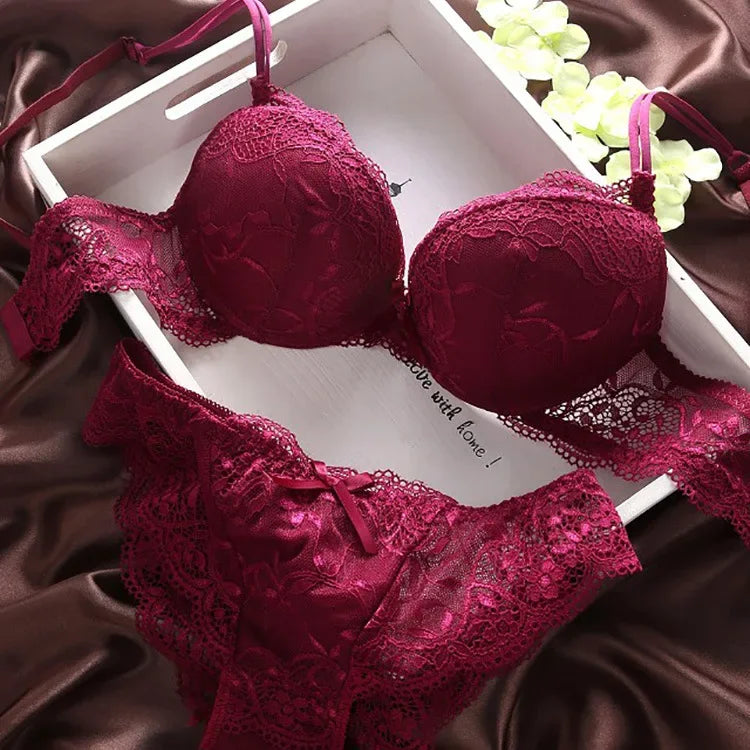 Elegant Burgundy Floral Lace Push-Up Bra and Brief Set