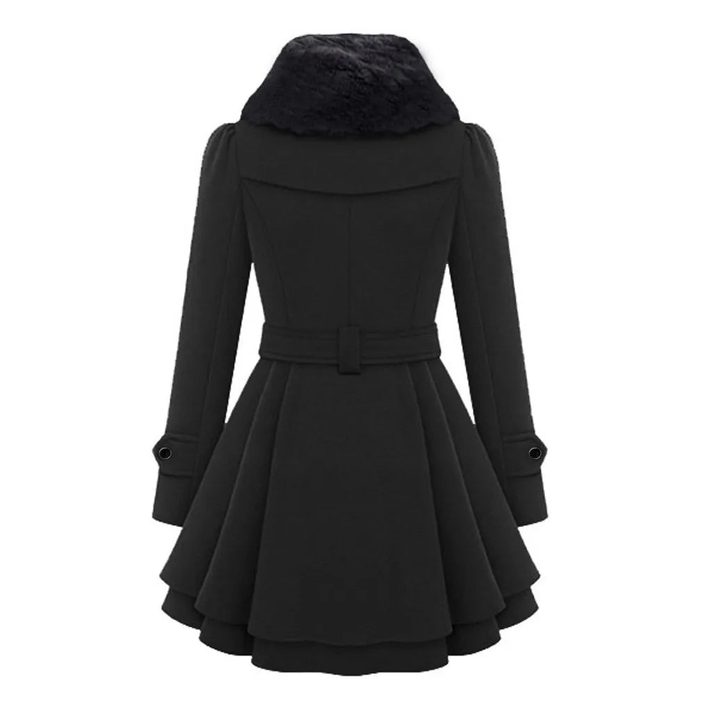 Women's Double-Breasted Hooded Wool-Blend Style Belted Skater Jacket with Asymmetrical Hem Streetwear Coat