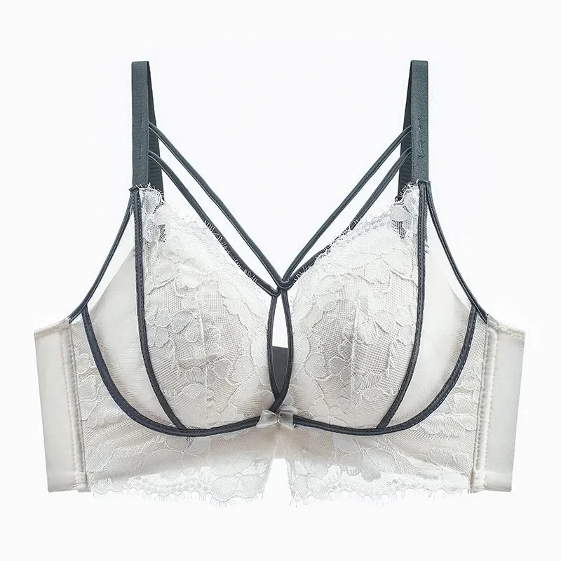 Intricate Lace Overlay Wire-Free Push-Up Bra with Criss-Cross Strapping