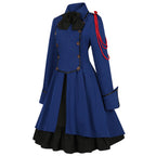 Vintage-Inspired Blue Victorian Coat Dress with Red Shoulder Cording and Bow Collar
