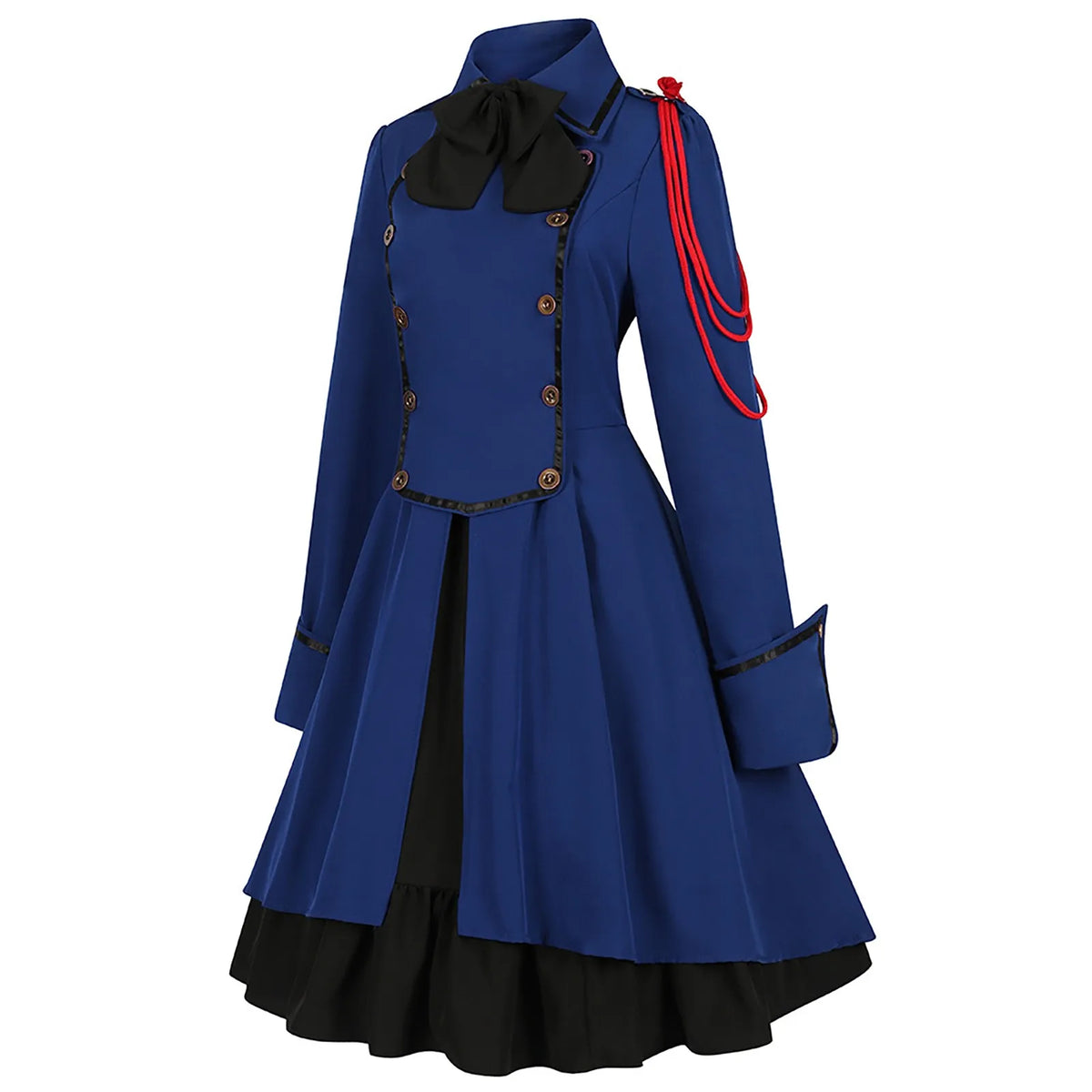 Vintage-Inspired Blue Victorian Coat Dress with Red Shoulder Cording and Bow Collar