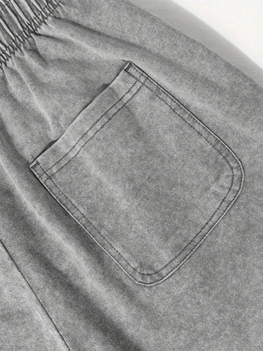 Men's Vintage Washed Cotton Shorts with Typography Graphic and Drawstring Relaxed Streetwear Fit