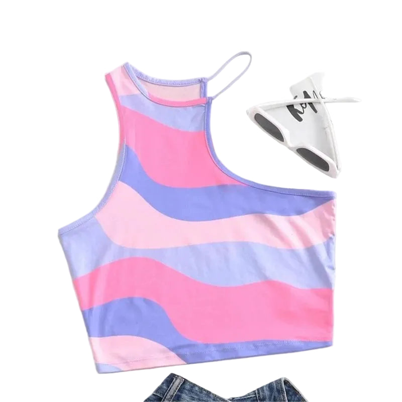 Women's Wavy Stripe Sleeveless Fitted Crop Tank Top for Casual Everyday Summer Fashion