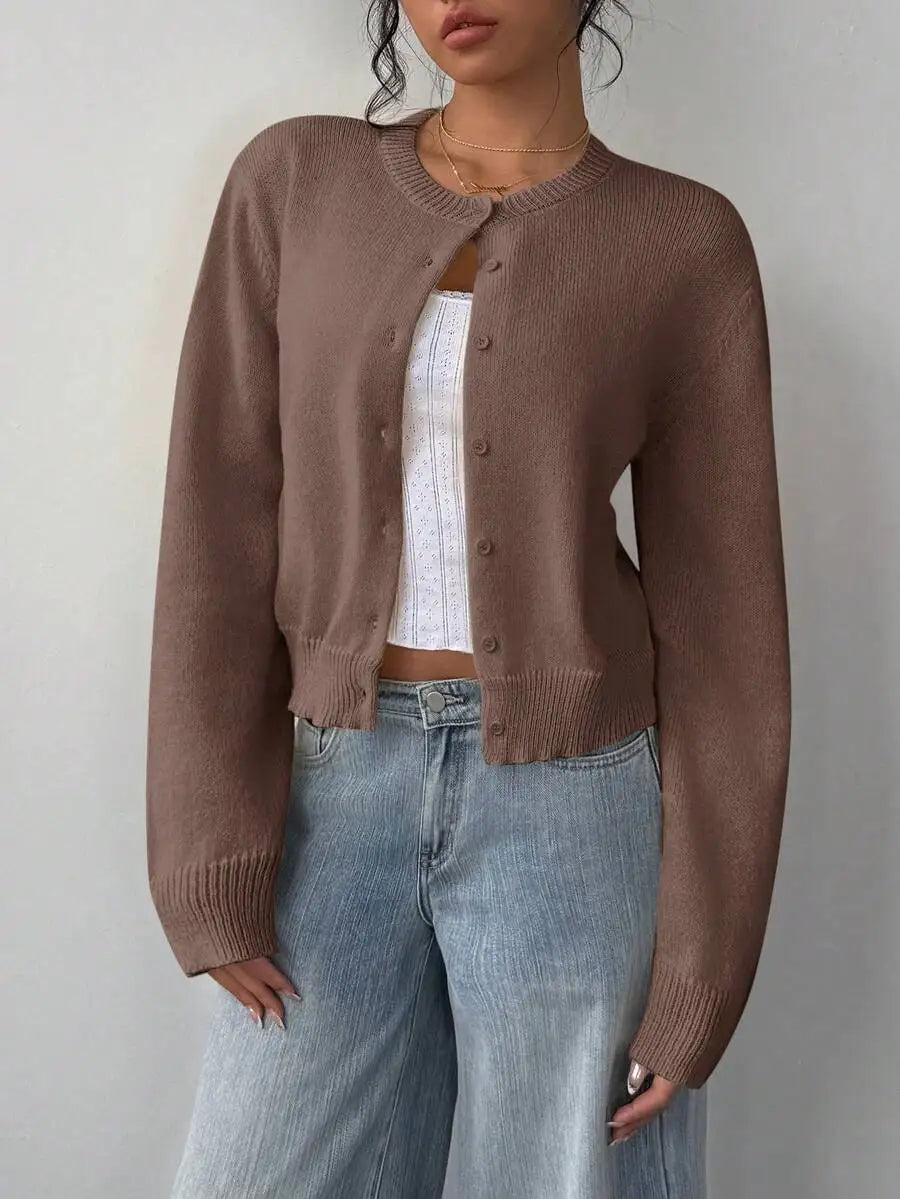 Women's Cropped Crew Neck Relaxed Fit Minimalist Knit Sweater