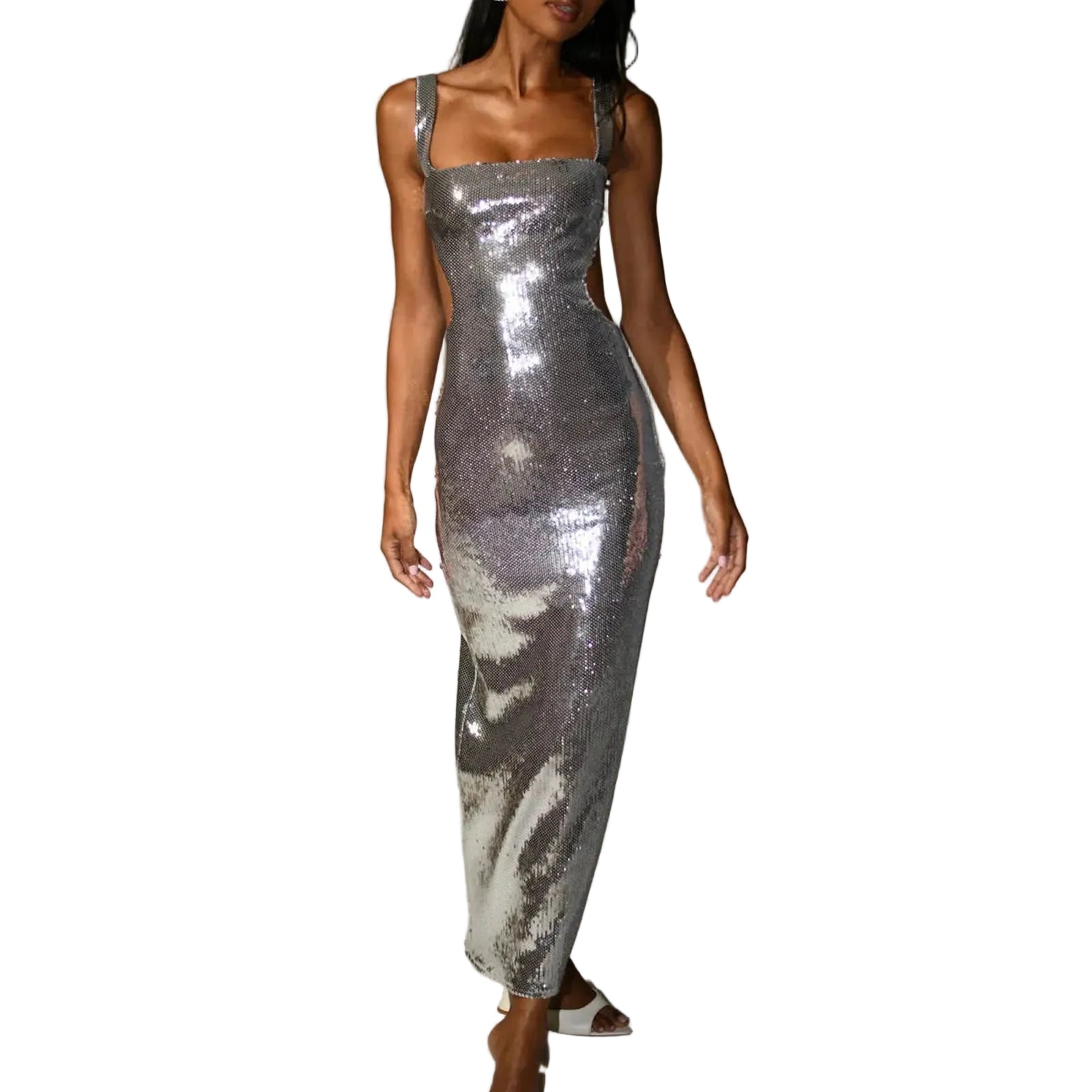 Sequin Bodycon Maxi Dress with Square Neck and Open Back Design