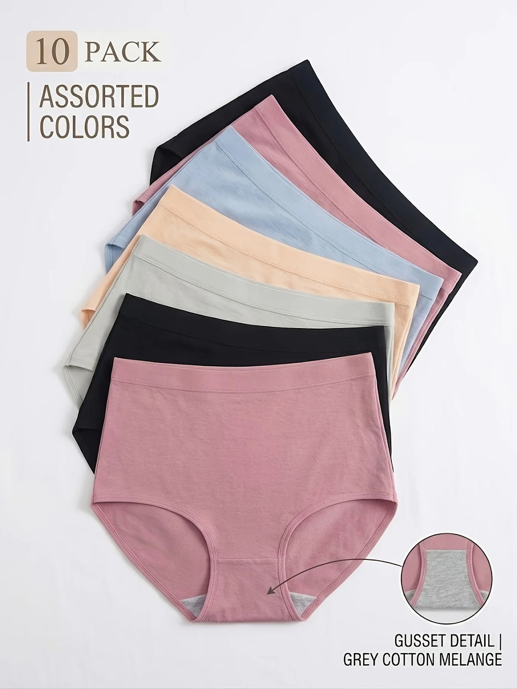 10-Pack Classic Mid-Rise Brief Panties in Assorted Solid Colors
