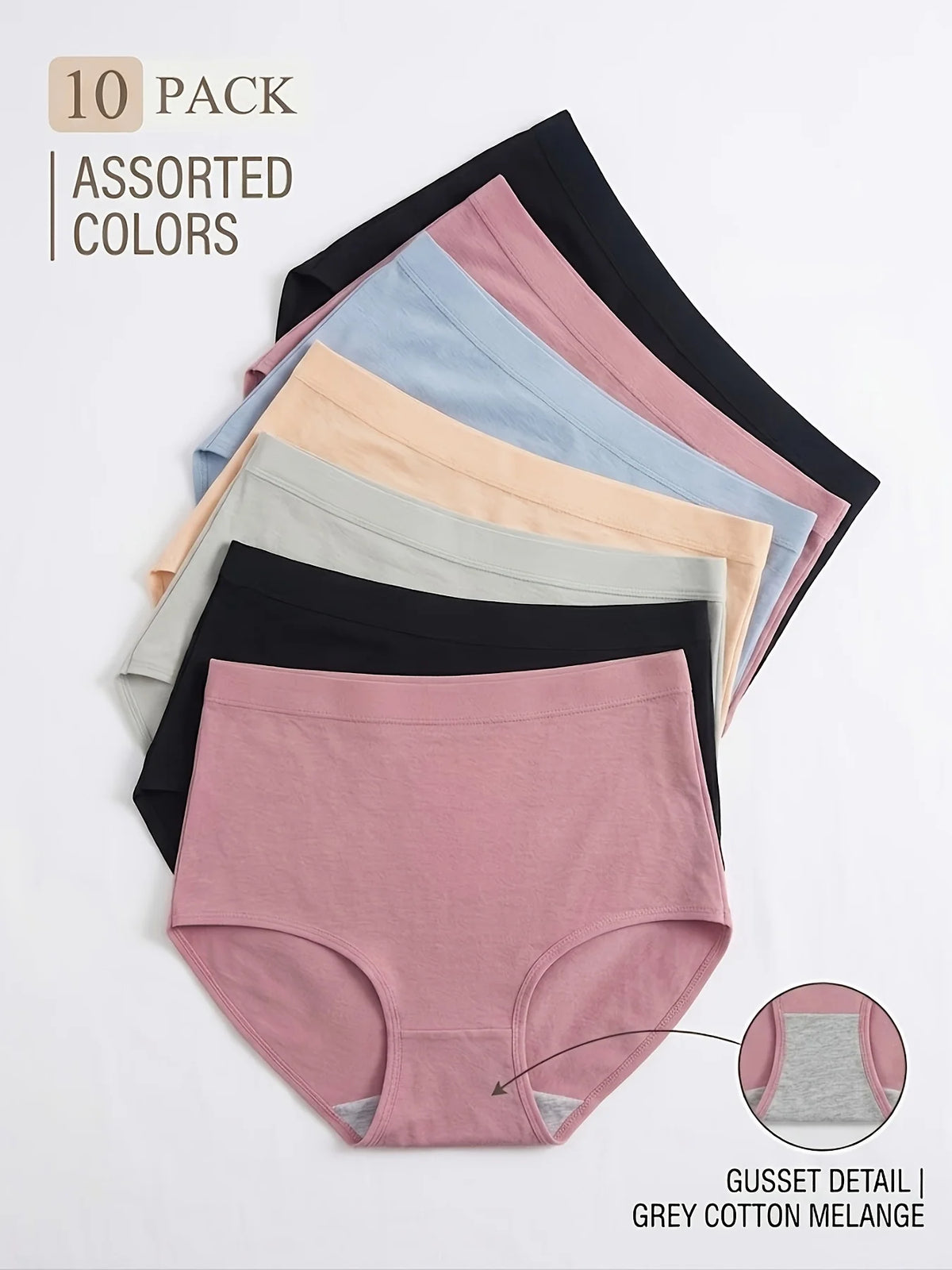 10-Pack Classic Mid-Rise Brief Panties in Assorted Solid Colors