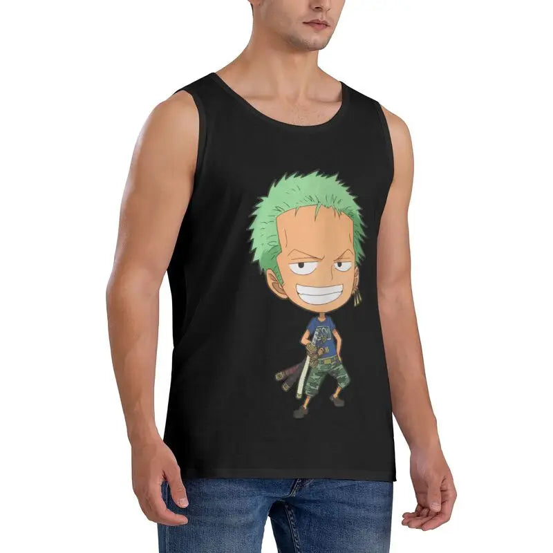 Kawaii Anime-Inspired Cotton Sleeveless Tank Top with Chibi Adventure Character Graphic Design