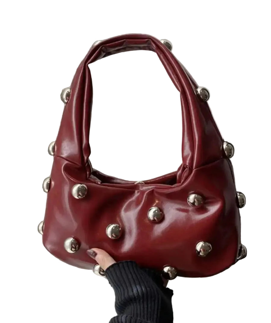Vintage Inspired Half Moon Shoulder Bag with Rivet Accent Details