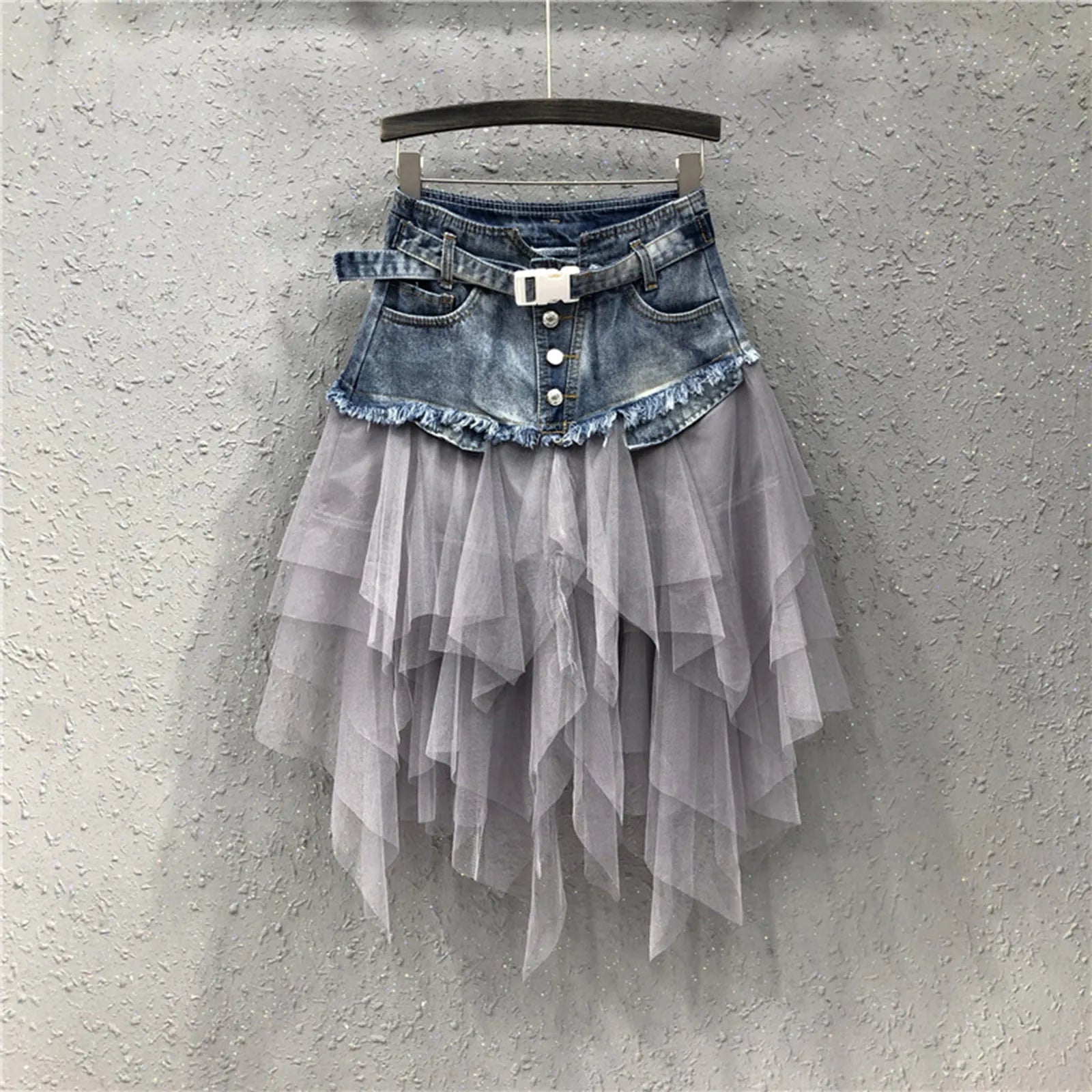 Denim Layered Mesh Asymmetrical Mini Skirt High Waist Alternative Fashion Bottom