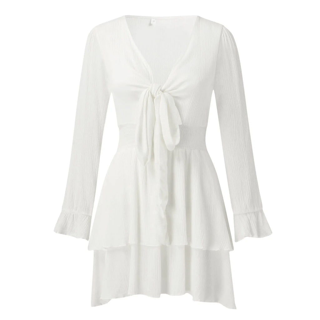 Long Sleeve V-Neck Tie Front Ruffle Mini Dress with Flared Hem