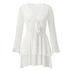 Long Sleeve V-Neck Tie Front Ruffle Mini Dress with Flared Hem