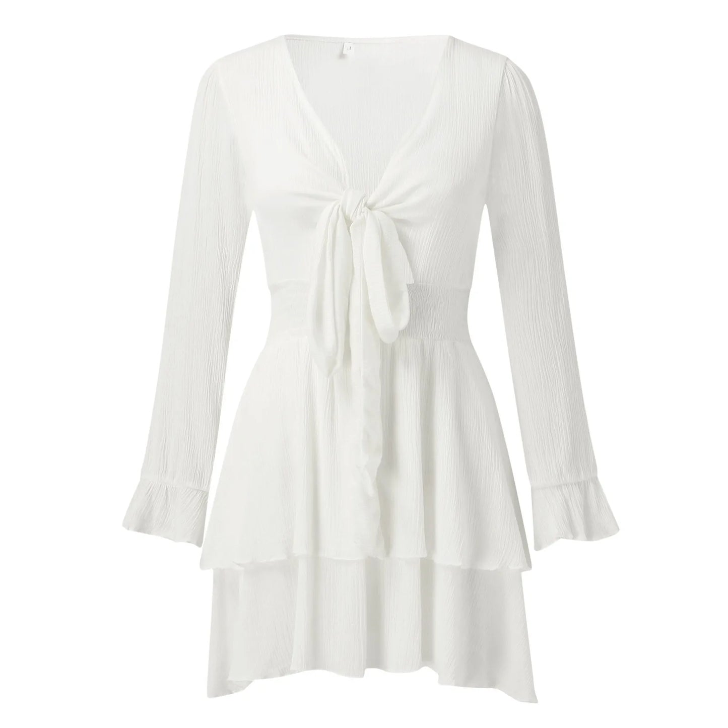 Long Sleeve V-Neck Tie Front Ruffle Mini Dress with Flared Hem