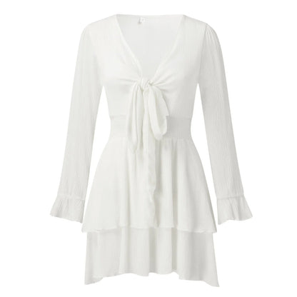 Long Sleeve V-Neck Tie Front Ruffle Mini Dress with Flared Hem