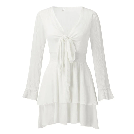 Long Sleeve V-Neck Tie Front Ruffle Mini Dress with Flared Hem