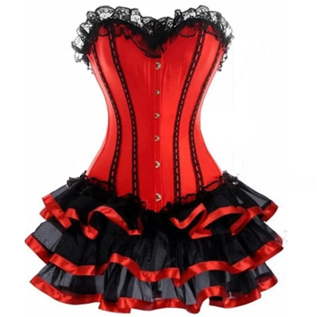 Theatrical Red and Black Striped Overbust Corset and Ruffled Tutu Skirt Set