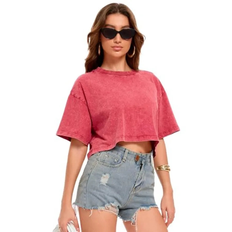 Acid Wash Crop Tee with Relaxed Fit and Vintage Streetwear Appeal