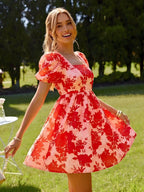 Square Neck Puff Sleeve Smocked Mini Dress with Relaxed A-Line Fit