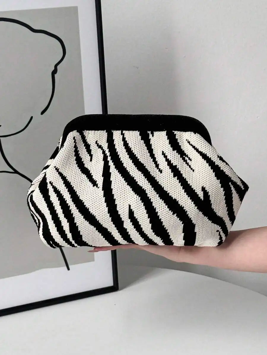 Animal Pattern Knit Clutch Bag with Compact Shoulder Carry Design