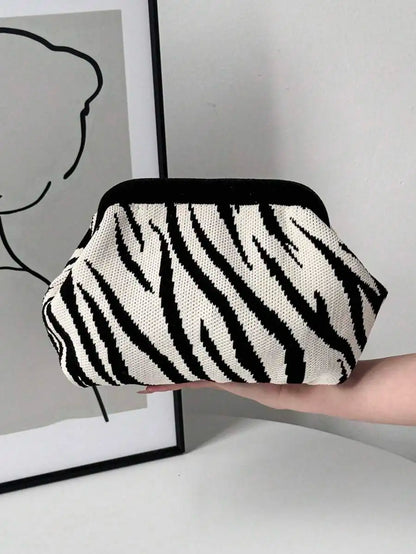 Animal Pattern Knit Clutch Bag with Compact Shoulder Carry Design
