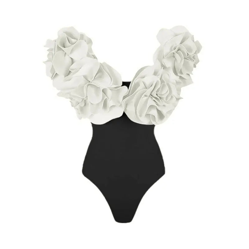 Crimson Red Plunge Swimwear Set with Dramatic 3D Floral Embellishments