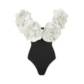 Crimson Red Plunge Swimwear Set with Dramatic 3D Floral Embellishments