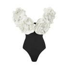 Crimson Red Plunge Swimwear Set with Dramatic 3D Floral Embellishments