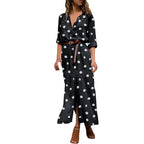 Button Front Polka Dot Maxi Shirt Dress with Belt and Side Split