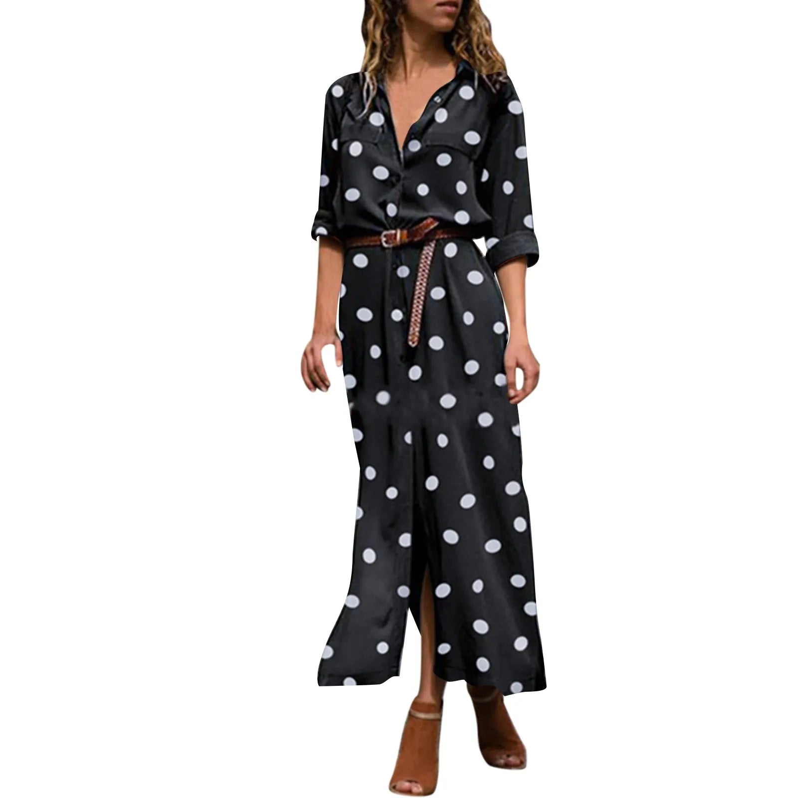 Button Front Polka Dot Maxi Shirt Dress with Belt and Side Split