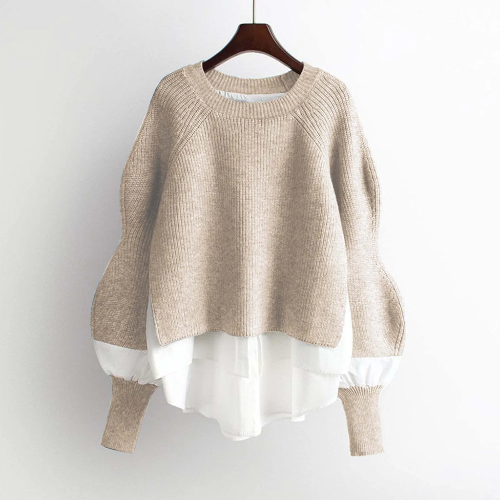 Women's Patchwork Textured Knit Lantern Sleeve Casual Streetwear Sweater