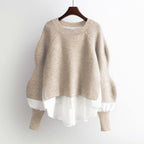 Women's Patchwork Textured Knit Lantern Sleeve Casual Streetwear Sweater