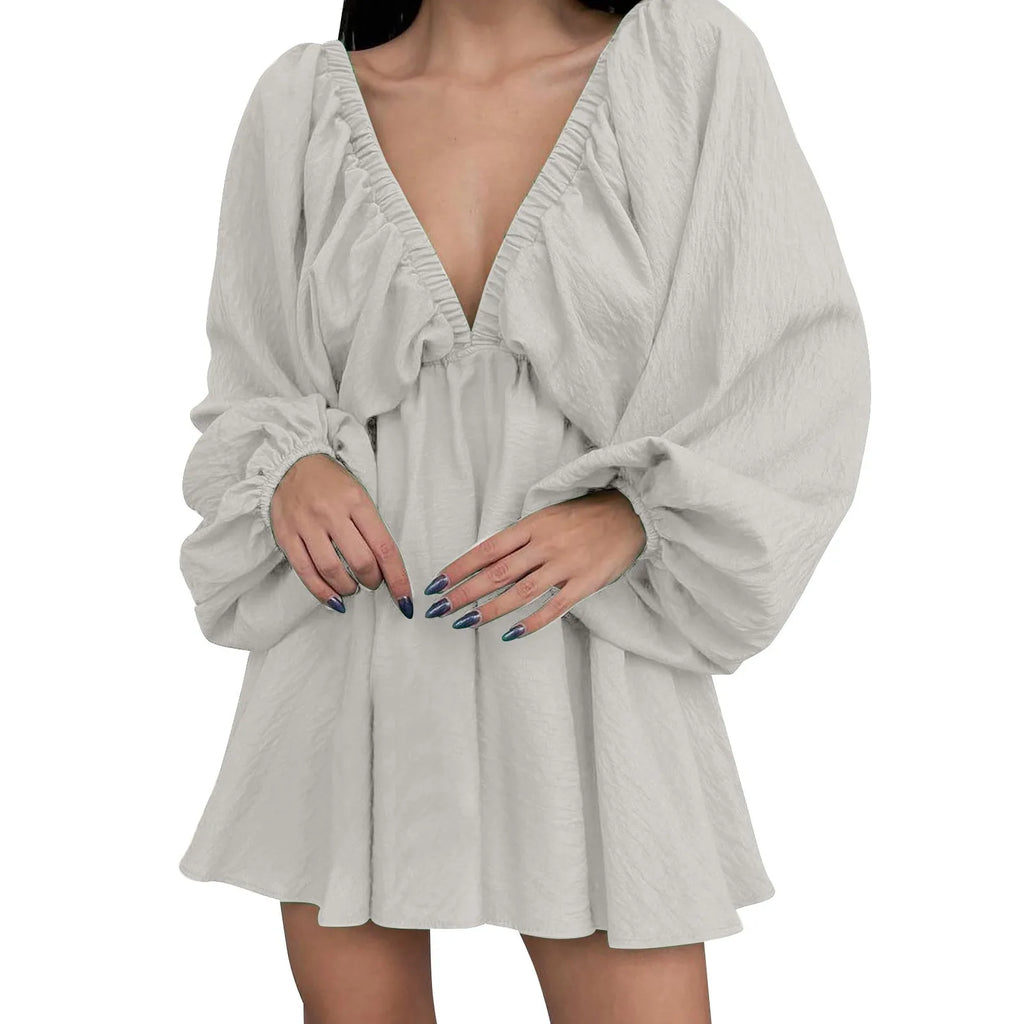 Deep V Neck Pleated Maxi Dress with Flowing Long Sleeves