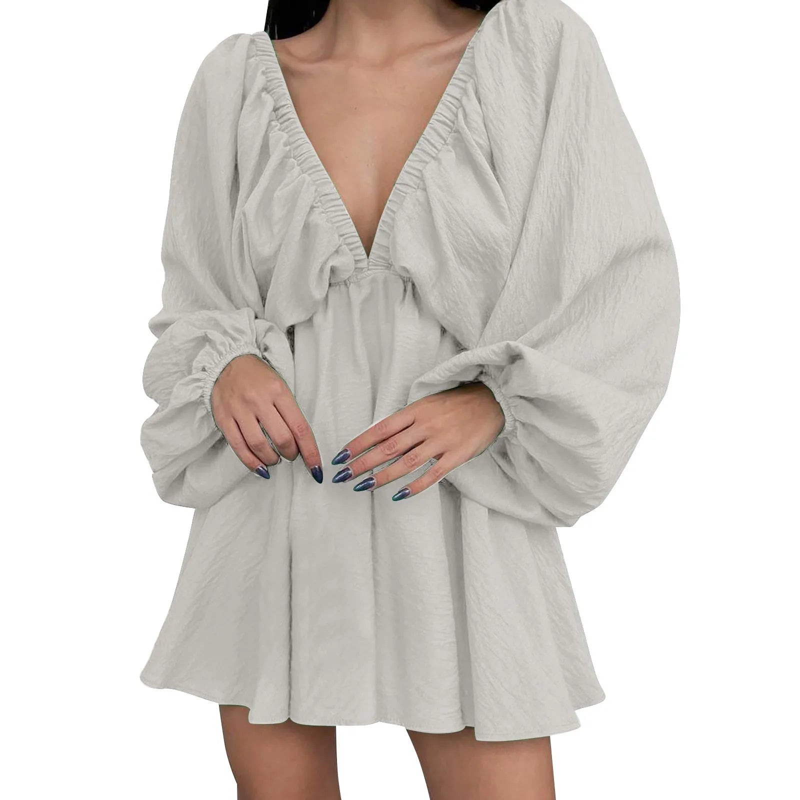 Deep V Neck Pleated Maxi Dress with Flowing Long Sleeves