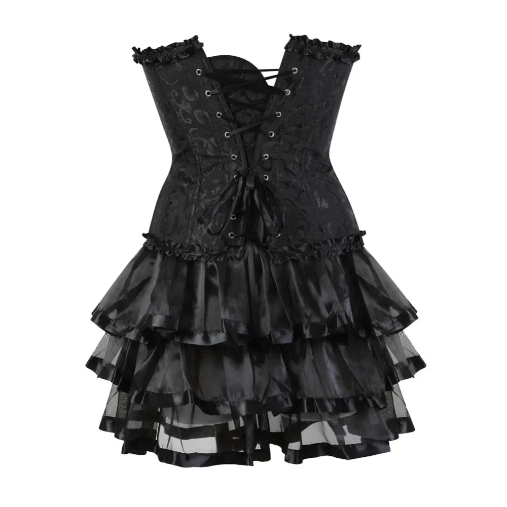 Ruffle Hem Overbust Corset Dress with Lace-Up Front and Layered Skirt