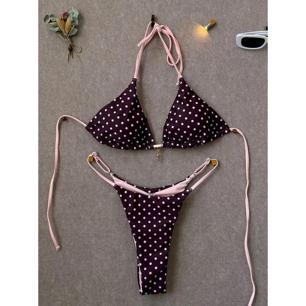 Retro Polka Dot Triangle String Bikini with Contrast Pink Straps