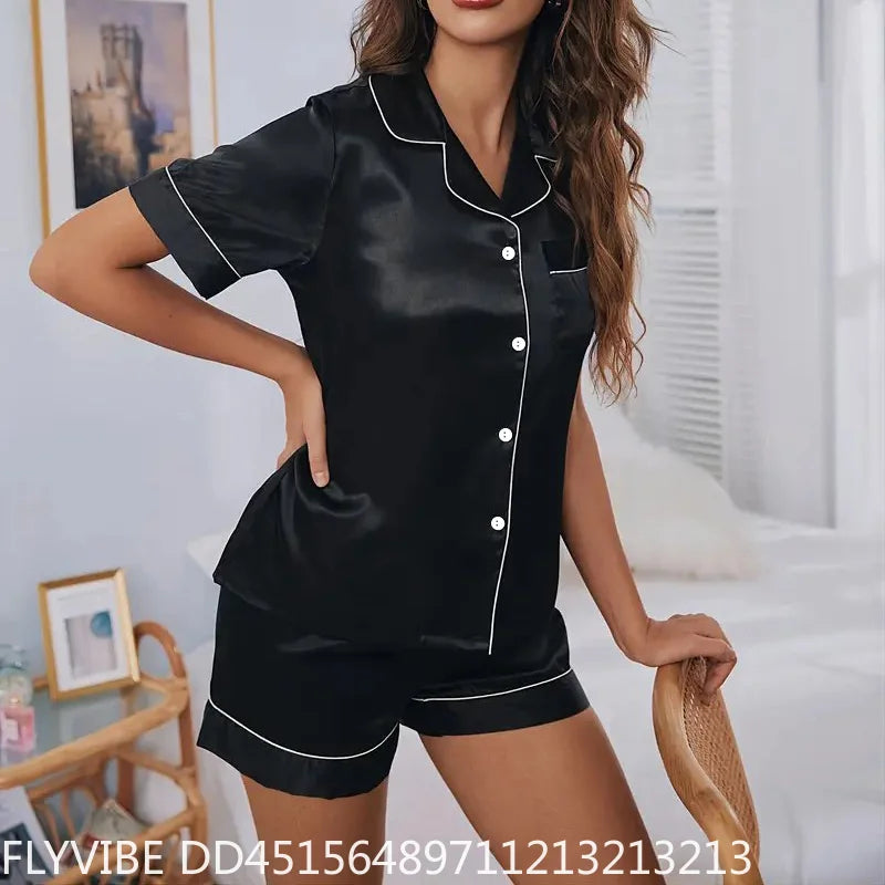 Women's Satin Pajama Set with Button-Down Short-Sleeve Shirt and Matching Shorts, Smooth Silky-Look Summer Sleepwear and Loungewear
