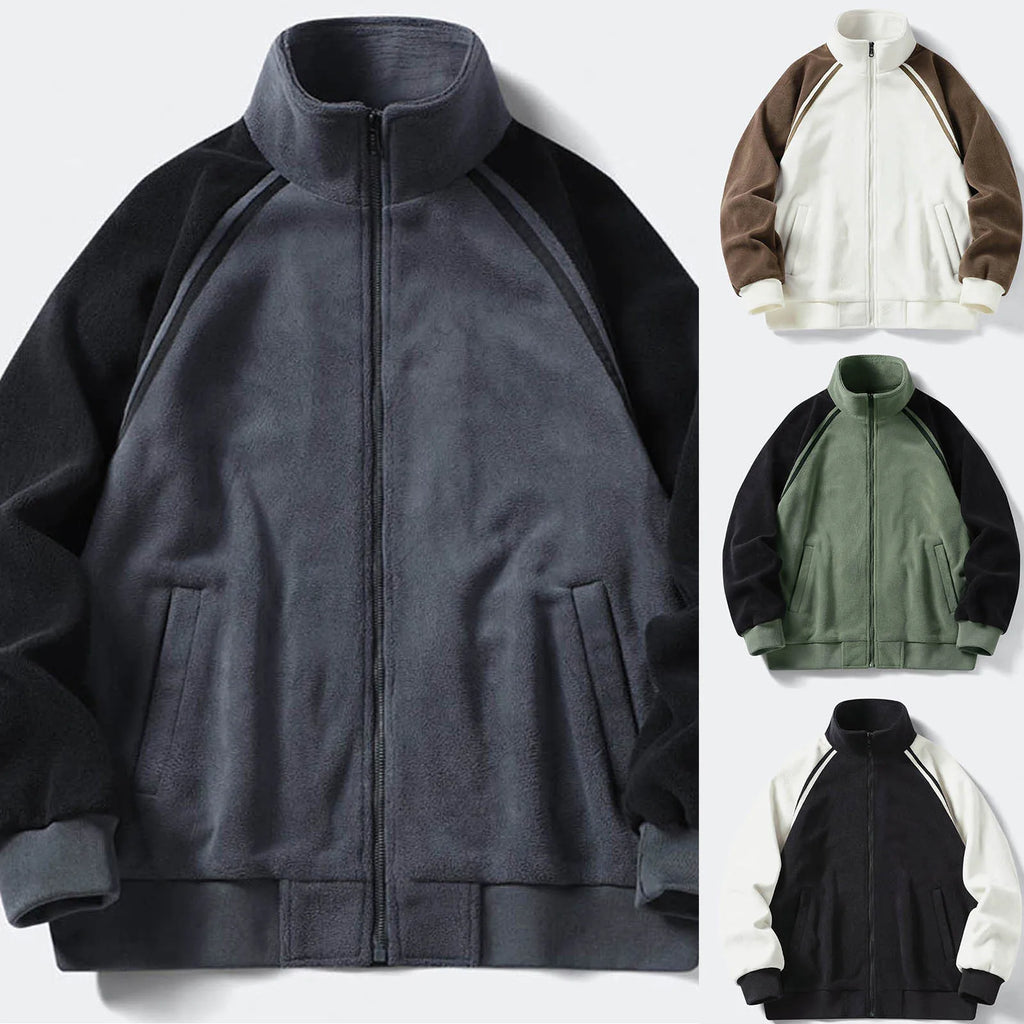 Men's Stand Collar Full Zip Fleece Jacket with Utility Pockets for Modern Streetwear Style