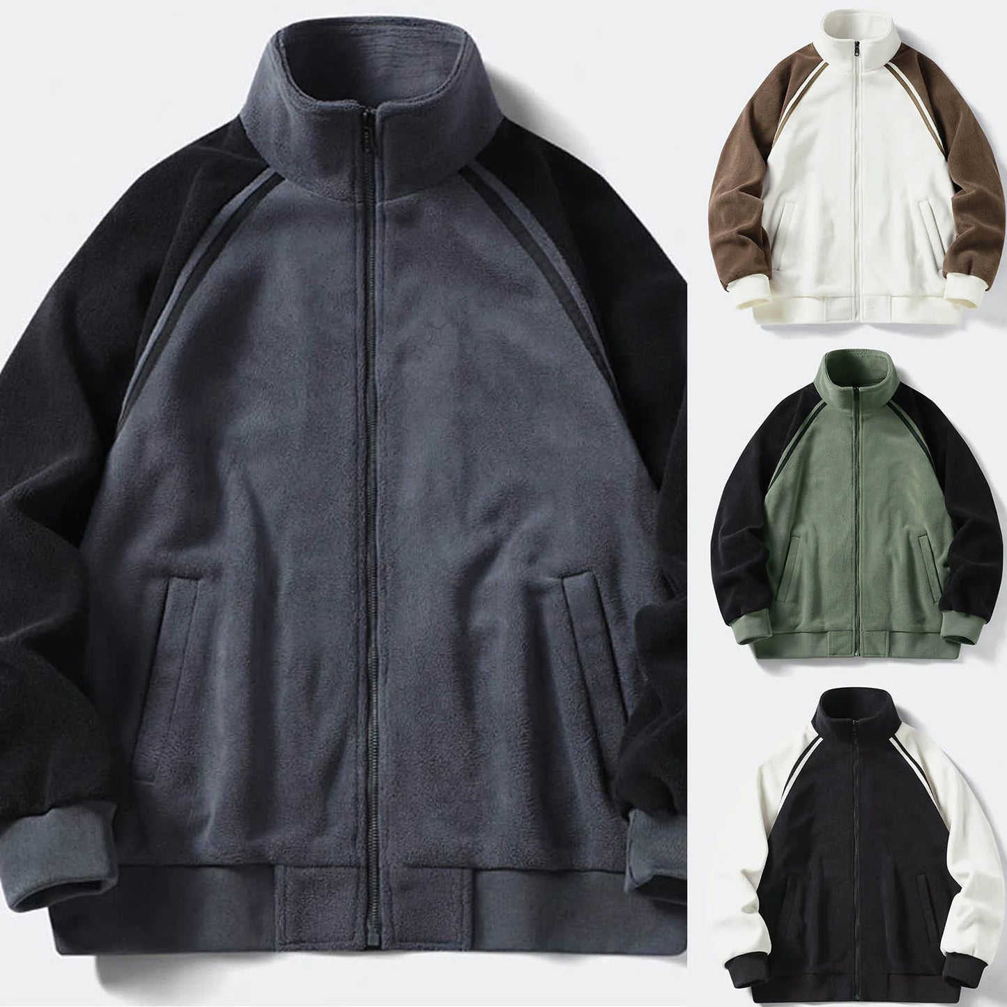 Men's Stand Collar Full Zip Fleece Jacket with Utility Pockets for Modern Streetwear Style